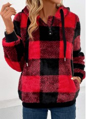 Red tops,Plaid tops,Geometric tops,Striped tops,ROTITA Pocket Plaid Red Hooded Long Sleeve Sweatshirt