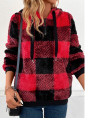 Red tops,Plaid tops,Geometric tops,Striped tops,ROTITA Pocket Plaid Red Hooded Long Sleeve Sweatshirt