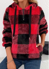 Red tops,Plaid tops,Geometric tops,Striped tops,ROTITA Pocket Plaid Red Hooded Long Sleeve Sweatshirt