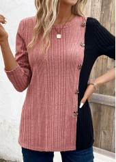 Pink plus size,Black plus size,Contrast Color plus size,ROTITA Plus Size Patchwork Black Round Neck T Shirt