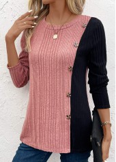 Pink plus size,Black plus size,Contrast Color plus size,ROTITA Plus Size Patchwork Black Round Neck T Shirt