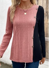 Pink plus size,Black plus size,Contrast Color plus size,ROTITA Plus Size Patchwork Black Round Neck T Shirt