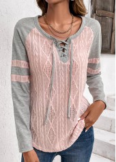 Light Pink plus size,Grey plus size,Contrast Color plus size,Striped plus size,ROTITA Plus Size Twisted Light Pink Long Sleeve T Shirt