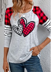 Grey tops,Plaid tops,Striped tops,Geometric tops,Heart tops,ROTITA Patchwork Plaid Grey Round Neck Long Sleeve T Shirt