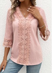 Light Pink tops,Plain Color tops,ROTITA Lace Light Pink V Neck 3/4 Sleeve Blouse