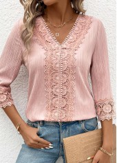 Light Pink tops,Plain Color tops,ROTITA Lace Light Pink V Neck 3/4 Sleeve Blouse