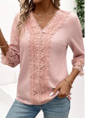 Light Pink tops,Plain Color tops,ROTITA Lace Light Pink V Neck 3/4 Sleeve Blouse