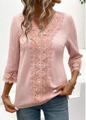 Light Pink tops,Plain Color tops,ROTITA Lace Light Pink V Neck 3/4 Sleeve Blouse