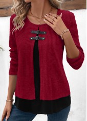 ROTITA Plus Size Patchwork Wine Red Fake Two Piece Twinset