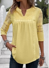 Light Yellow tops,Plain Color tops,ROTITA Patchwork Light Yellow Split Neck 3/4 Sleeve Blouse