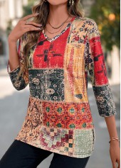 Multi Color tops,Tribal tops,Geometric tops,Floral tops,Plants tops,Patchwork Tribal Print Multi Color V Neck T Shirt