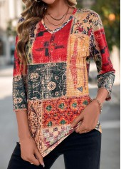 Multi Color tops,Tribal tops,Geometric tops,Floral tops,Plants tops,Patchwork Tribal Print Multi Color V Neck T Shirt