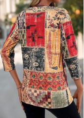 Multi Color tops,Tribal tops,Geometric tops,Floral tops,Plants tops,Patchwork Tribal Print Multi Color V Neck T Shirt