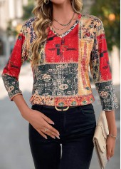 Multi Color tops,Tribal tops,Geometric tops,Floral tops,Plants tops,Patchwork Tribal Print Multi Color V Neck T Shirt