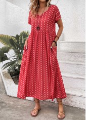 Red dresses,Geometric dresses,Floral dresses,Plants dresses,Dot dresses,Everyday dresses,Casual dresses,ROTITA Pocket Geometric Print Red Maxi A Line Dress