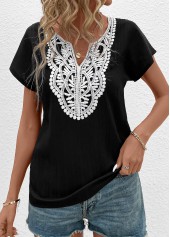 Black tops,White tops,Plain Color tops,ROTITA Patchwork Black Split Neck Short Sleeve T Shirt