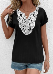 Rotita patchwork noir col fendu t-shirt à manches courtes