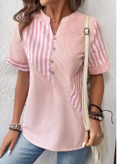Pink tops,Raw white tops,Striped tops,Geometric tops,ROTITA Patchwork Striped Pink Split Neck Short Sleeve Blouse