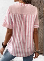 Pink tops,Raw white tops,Striped tops,Geometric tops,ROTITA Patchwork Striped Pink Split Neck Short Sleeve Blouse