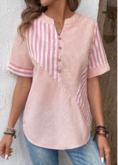 Pink tops,Raw white tops,Striped tops,Geometric tops,ROTITA Patchwork Striped Pink Split Neck Short Sleeve Blouse