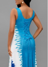 Light Blue dresses,White dresses,Tie Dye dresses,Vacation dresses,Vacation dresses,ROTITA Lace Up Tie Dye Print Light Blue Maxi Dress