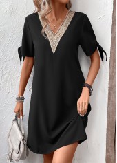 Black dresses,Plain Color dresses,Everyday dresses,Casual dresses,Patchwork Black Short V Neck Shift Dress