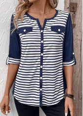 Navy tops,White tops,Striped tops,ROTITA Button Striped Navy Split Neck 3/4 Sleeve T Shirt