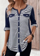 ROTITA Button Striped Navy Split Neck 3/4 Sleeve T Shirt