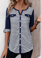 Navy tops,White tops,Striped tops,ROTITA Button Striped Navy Split Neck 3/4 Sleeve T Shirt