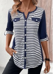 Navy tops,White tops,Striped tops,ROTITA Button Striped Navy Split Neck 3/4 Sleeve T Shirt