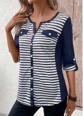 Navy tops,White tops,Striped tops,ROTITA Button Striped Navy Split Neck 3/4 Sleeve T Shirt