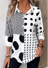 weiße Bluse mit Rotita-Knopf Polka-Dots und Kragen langärmlig