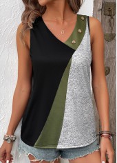 Olive Green tops,Geometric tops,Contrast Color tops,ROTITA Button Geometric Print Black V Neck Sleeveless Tank Top