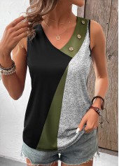 ROTITA Button Geometric Print Black V Neck Sleeveless Tank Top