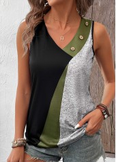 Olive Green tops,Geometric tops,Contrast Color tops,ROTITA Button Geometric Print Black V Neck Sleeveless Tank Top