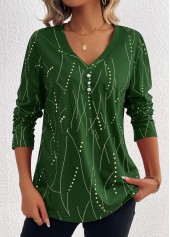 Green tops,Geometric tops,Striped tops,Dot tops,ROTITA Button Geometric Print Green V Neck T Shirt