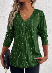 Green tops,Geometric tops,Striped tops,Dot tops,ROTITA Button Geometric Print Green V Neck T Shirt