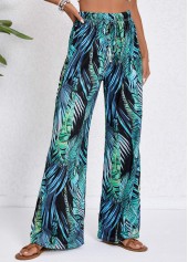 Turquoise bottoms,Blackish Green bottoms,Plants bottoms,Drawstring Tropical Plants Print Turquoise Elastic Waist Pants