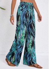 Turquoise bottoms,Blackish Green bottoms,Plants bottoms,Drawstring Tropical Plants Print Turquoise Elastic Waist Pants