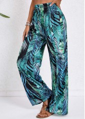 Turquoise bottoms,Blackish Green bottoms,Plants bottoms,Drawstring Tropical Plants Print Turquoise Elastic Waist Pants