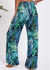 Turquoise bottoms,Blackish Green bottoms,Plants bottoms,Drawstring Tropical Plants Print Turquoise Elastic Waist Pants