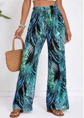 pantalon taille élastique turquoise à imprimé plantes tropicales avec cordon de serrage