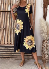 Black dresses,Plants dresses,Floral dresses,Leopard dresses,Vacation dresses,Vacation dresses,ROTITA Pocket Sunflower Print Black Round Neck Short Sleeve Dress