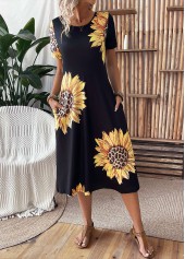 Black dresses,Plants dresses,Floral dresses,Leopard dresses,Vacation dresses,Vacation dresses,ROTITA Pocket Sunflower Print Black Round Neck Short Sleeve Dress