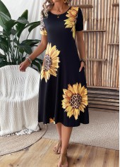 schwarzes Kleid mit Sonnenblumenmuster Rundhalsausschnitt und kurzen Ärmeln