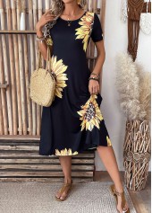 Black dresses,Plants dresses,Floral dresses,Leopard dresses,Vacation dresses,Vacation dresses,ROTITA Pocket Sunflower Print Black Round Neck Short Sleeve Dress