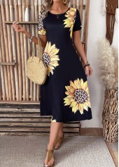 Black dresses,Plants dresses,Floral dresses,Leopard dresses,Vacation dresses,Vacation dresses,ROTITA Pocket Sunflower Print Black Round Neck Short Sleeve Dress
