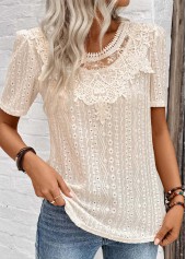 Light Camel tops,Plain Color tops,ROTITA Embroidery Light Camel Round Neck Short Sleeve T Shirt