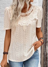 Light Camel tops,Plain Color tops,ROTITA Embroidery Light Camel Round Neck Short Sleeve T Shirt