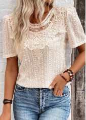 Light Camel tops,Plain Color tops,ROTITA Embroidery Light Camel Round Neck Short Sleeve T Shirt